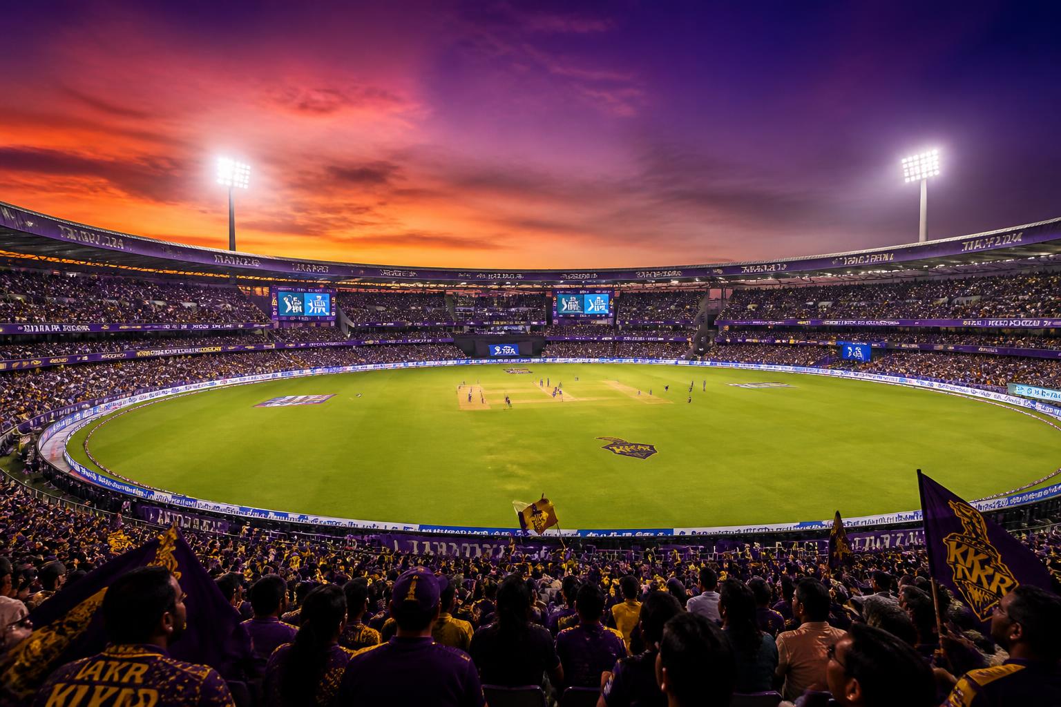 Floodlit stadium with full crowd at dusk